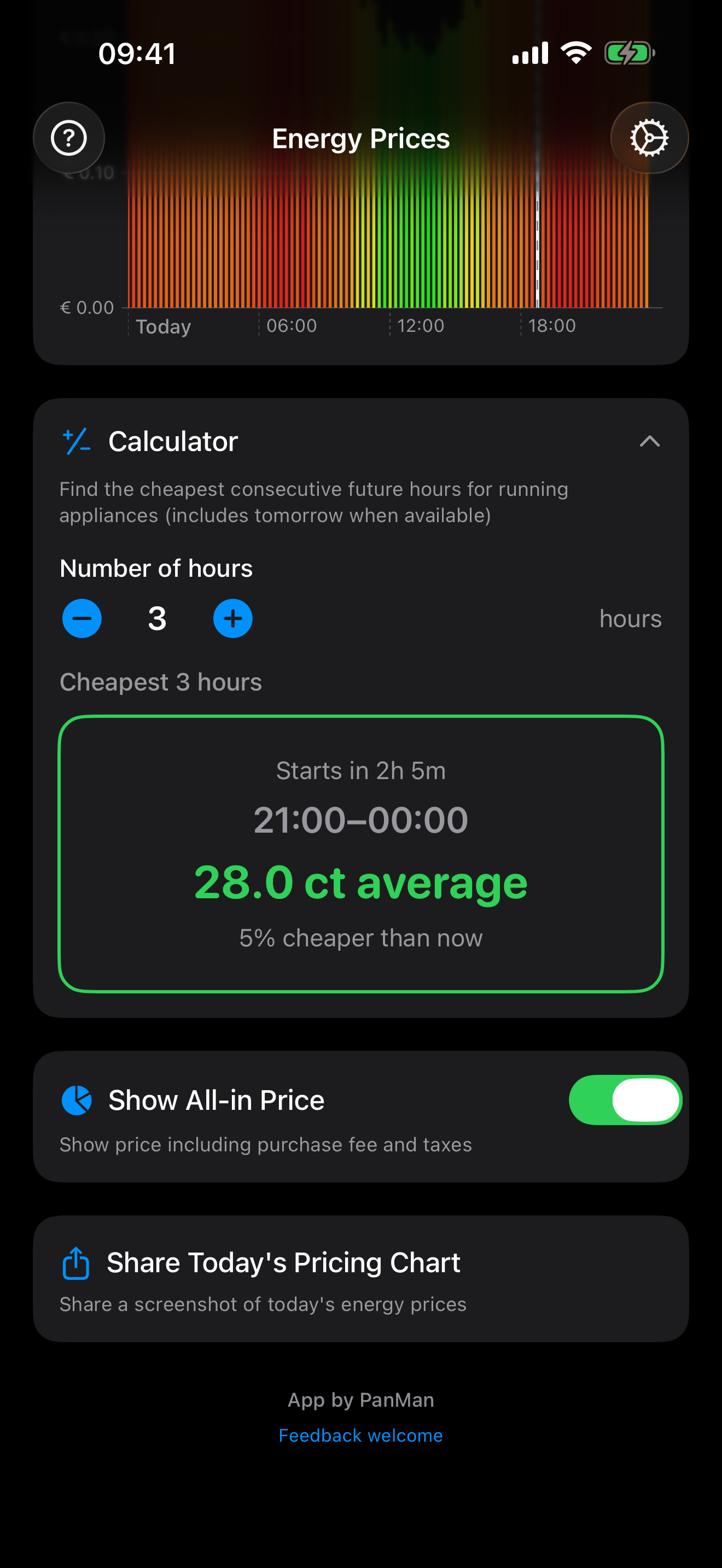 Appliance calculator showing the cheapest window with a countdown