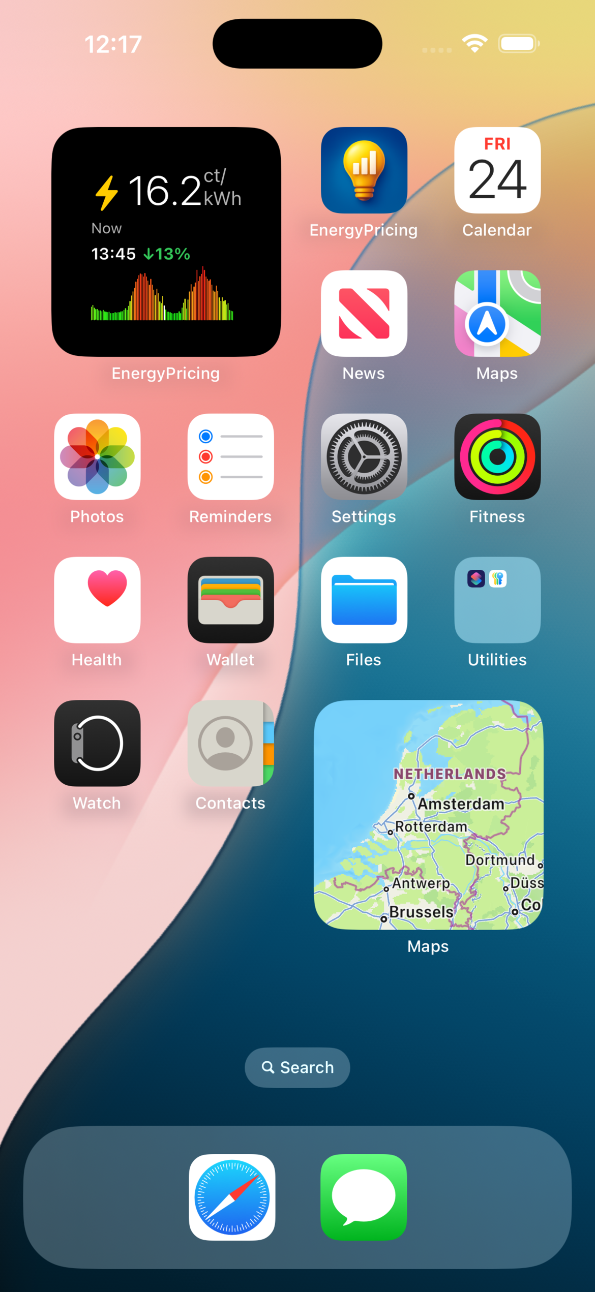 iPhone Home Screen showing EnergyPricing widgets in three sizes