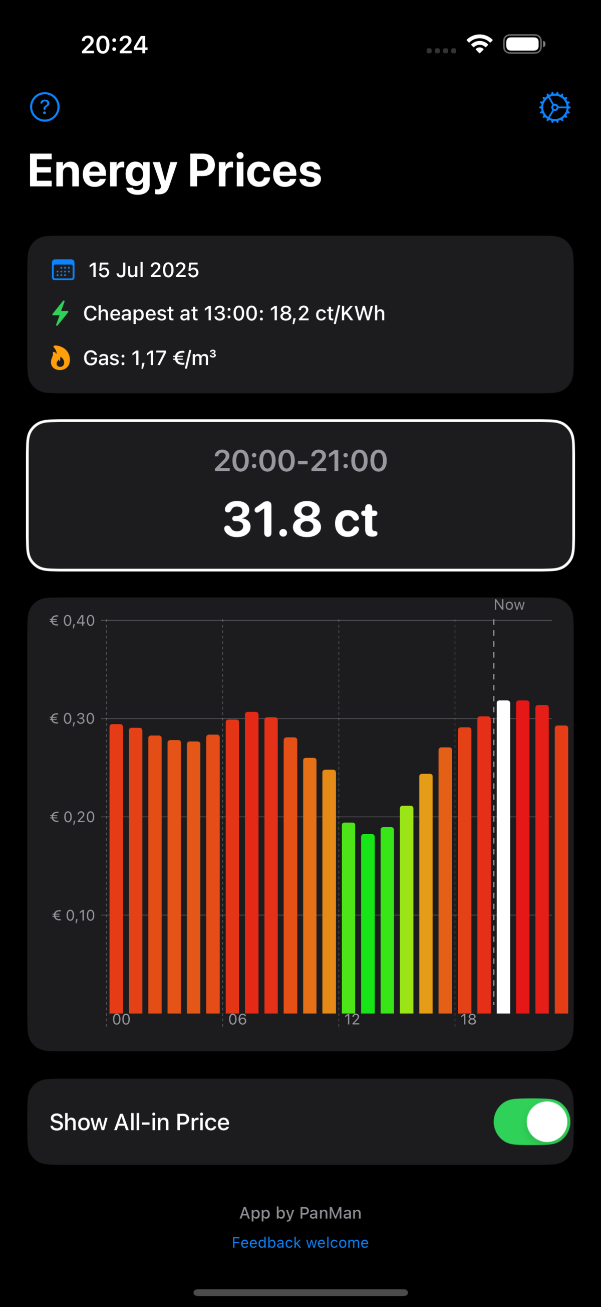 EnergyPricing main dashboard showing today's electricity prices and the cheapest hour