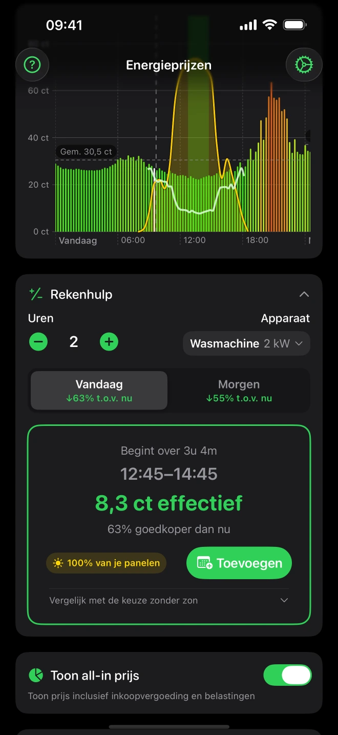 De rekenhulp met tabbladen Vandaag en Morgen en het aandeel zonnestroom in het goedkoopste moment