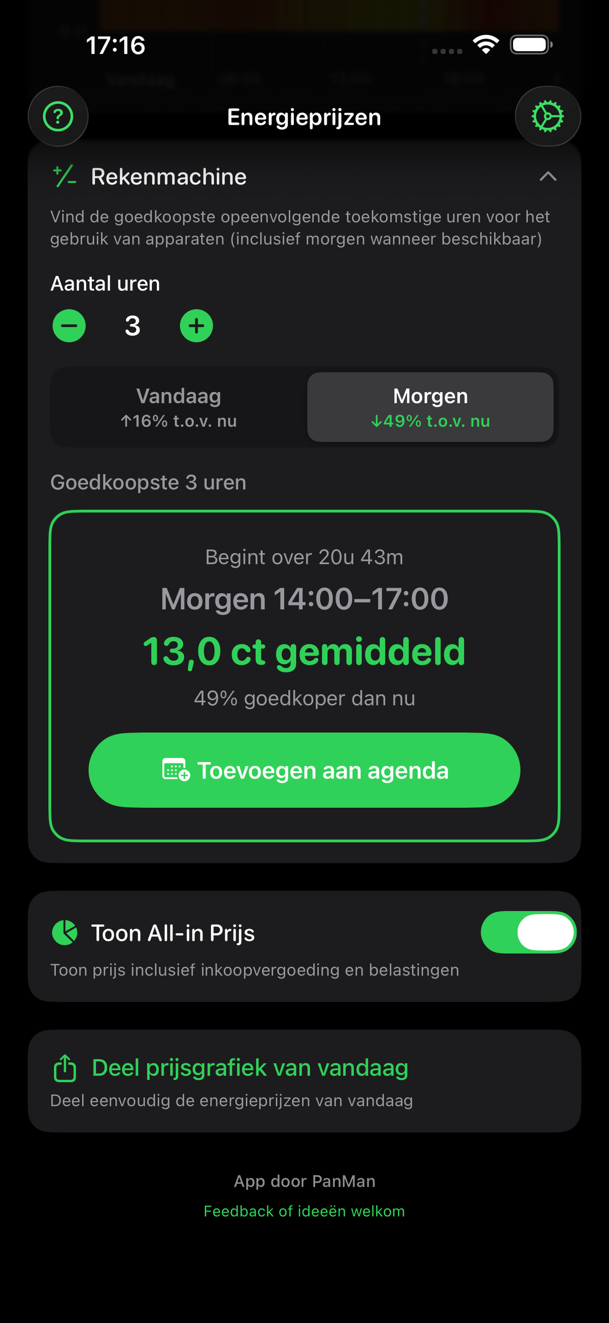 Appliance calculator showing the cheapest window for today and tomorrow with a countdown