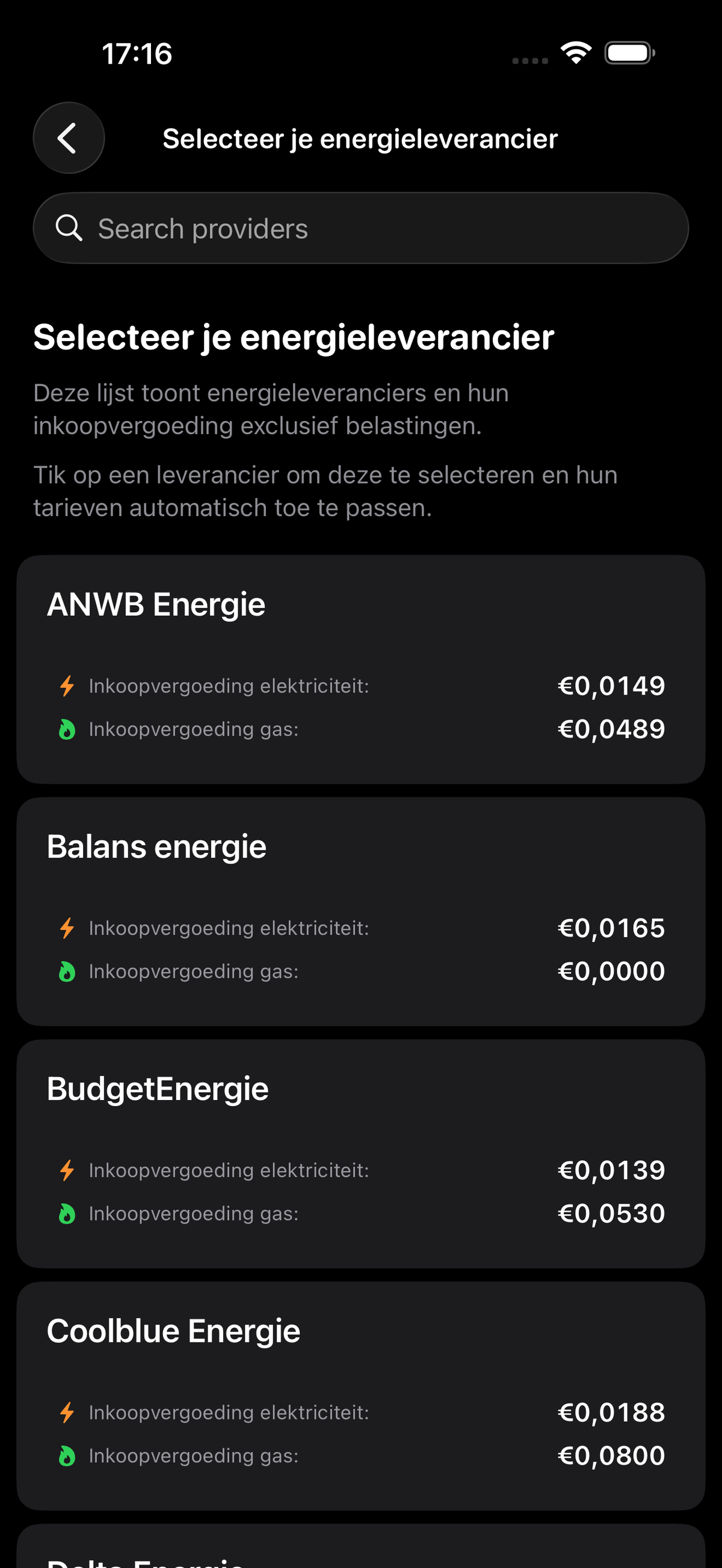 Provider selection screen with a search field and curated list of Dutch suppliers