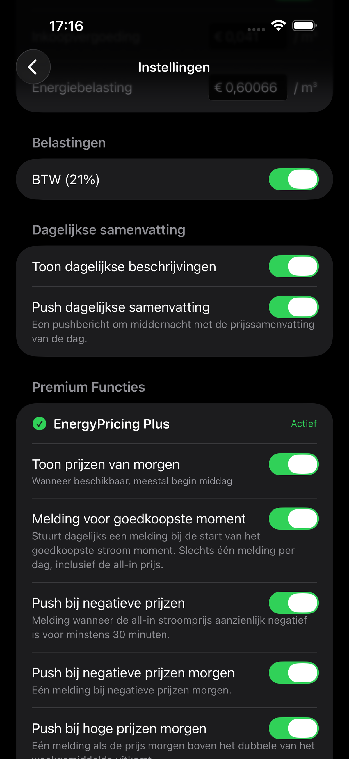 Settings screen showing the daily summary and price alert toggles