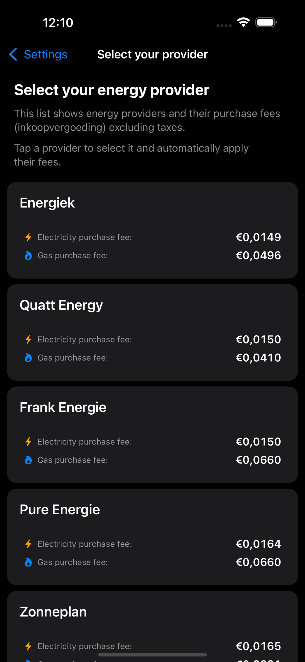 Provider selection screen with curated list of Dutch suppliers