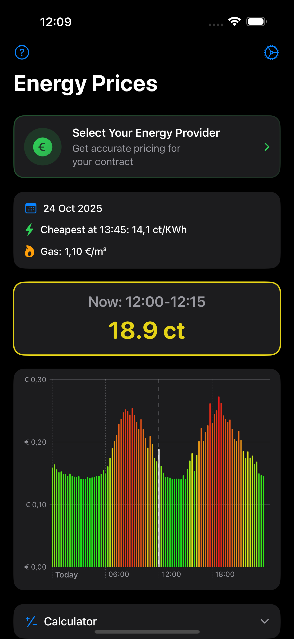 App dashboard with current price and chart