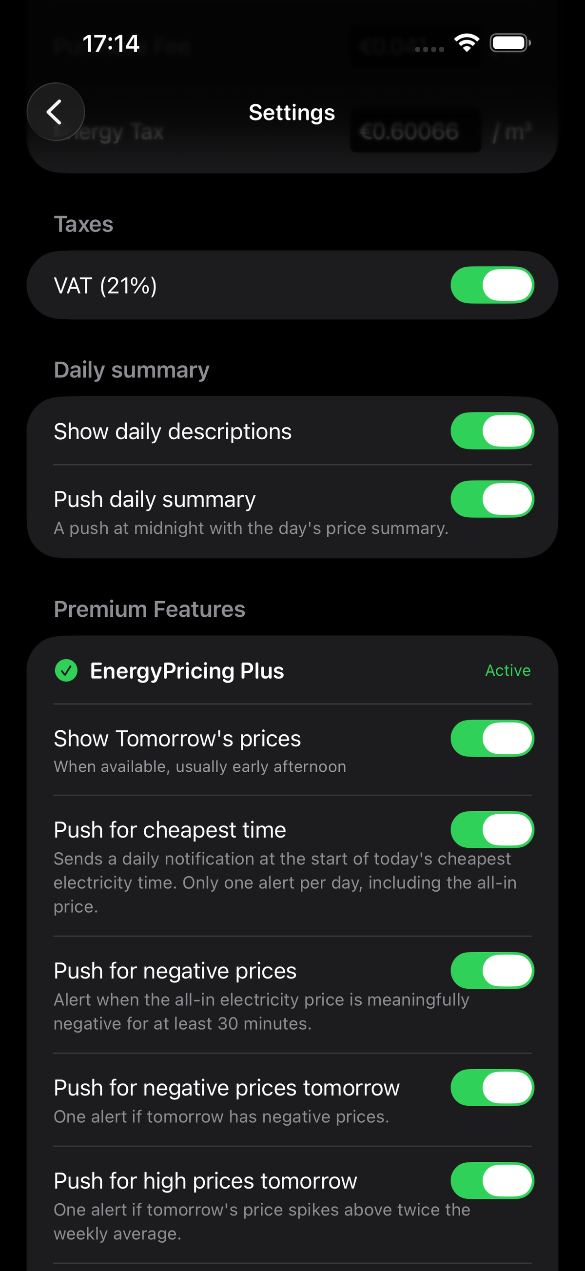 Settings screen showing the daily summary and price alert toggles